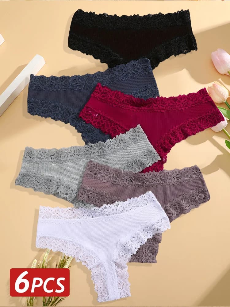 6 ks/sada sexy krajkové bavlněné kalhotky pro ženy, brazilské kalhotky, dámské sexy nízký pas, elastické T-back bikiny, pevné měkké spodní prádlo, velikost S-XL