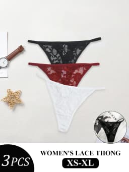 3PCS Sexy Lace Thongs Low Waist T-Back Underwear Women Elegant Lace Floral G-string Underpants Bikin