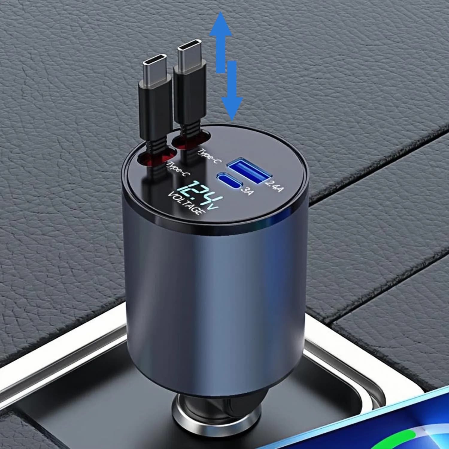 4 v 1 zatahovací nabíječka do auta USB C, 120W rychlé nabíjení, adaptér pro nabíječku telefonu do auta, duální kabel typu C pro iPhone, Samsung, Huawei