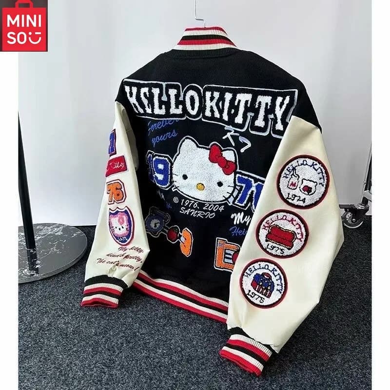 Módní značka MINISO americká retro výšivka Hello Kitty patchwork baseballová bunda módní bunda s volným stojáčkem