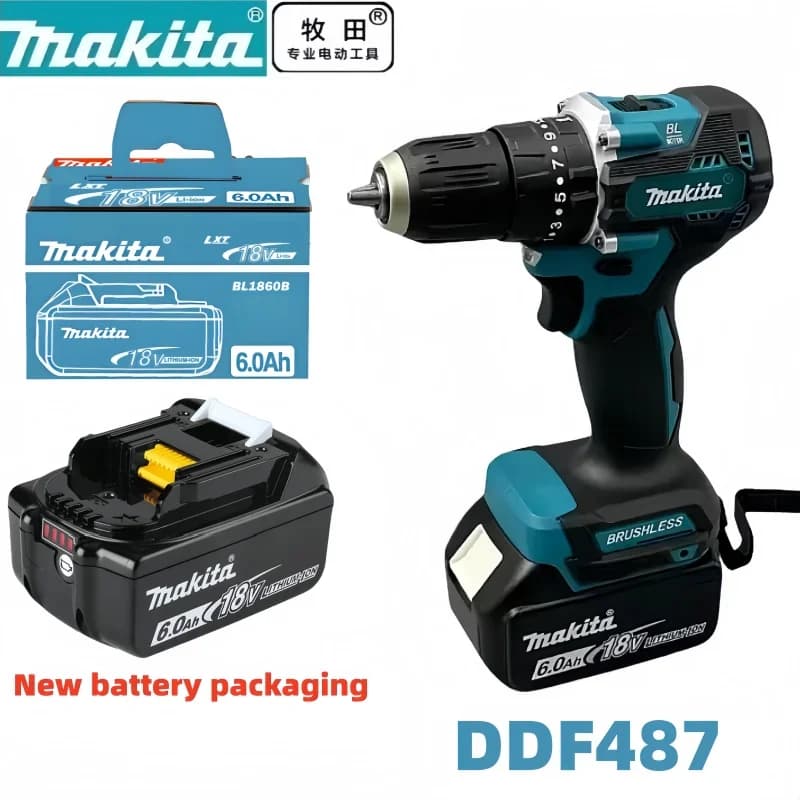 Makita Original DDF487 Akumulátorový šroubovák, bezkartáčový elektrický rázový šroubovák, 18V dobíjecí elektrické nářadí