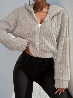 Elegantní dámská bunda s kapucí na zip z umělé kožešiny - 100% polyester, jednobarevný, pohodlný krátký kabát na podzim/zimu - náhled 2