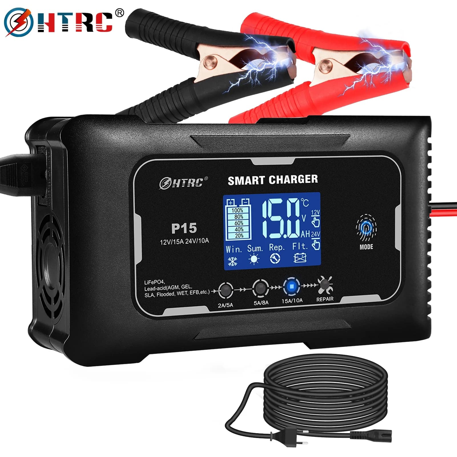 HTRC 12V/24V nabíječka autobaterií 15A automatická nabíječka pro lithiové, LiFePO4, AGM, gelové olověné baterii do auta