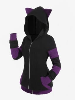 ROSEGAL Roztomilá podzimní/zimní dámská barevná bunda s kočičími ušima, žebrovaná kapuce, teplý dlouhý rukáv, zip, 4XL, svrchní oblečení, nový přírůstek - náhled 4
