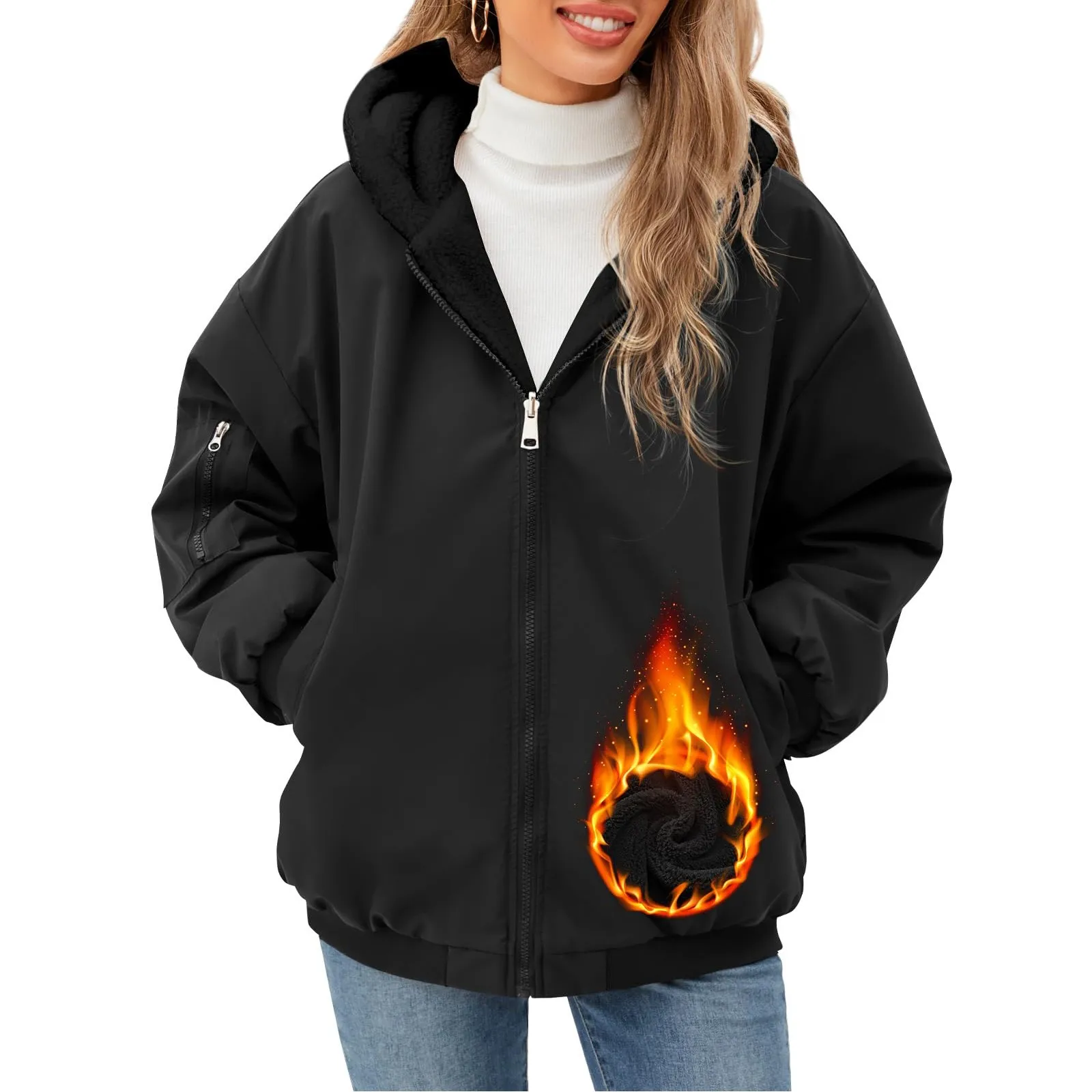 Dámská ležérní fleecová zimní bunda s kapucí na zip, oboustranná ležérní mikina s dlouhým rukávem a kapsami, podšívkou