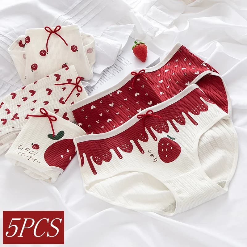 5 ks/sada bavlněných kalhotek Dámské spodní prádlo Dámské jahodové kalhotky s nízkým pasem Prodyšné spodní prádlo