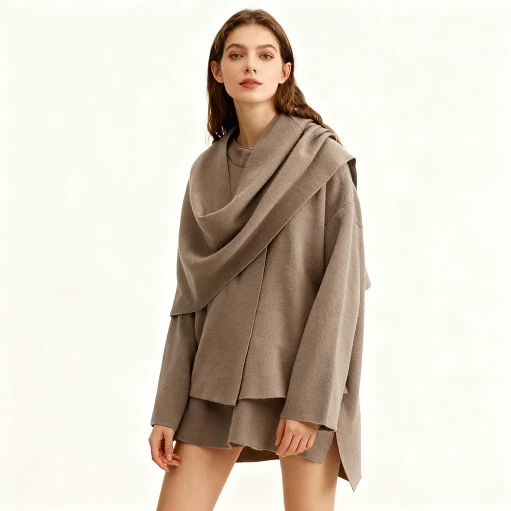 PRINTKAOIR Dámská podzimní zimní bunda Dámský ležérní kabát s pleteným volným oversize kabátem a asymetrickým rozdělením, elegantní šálou
