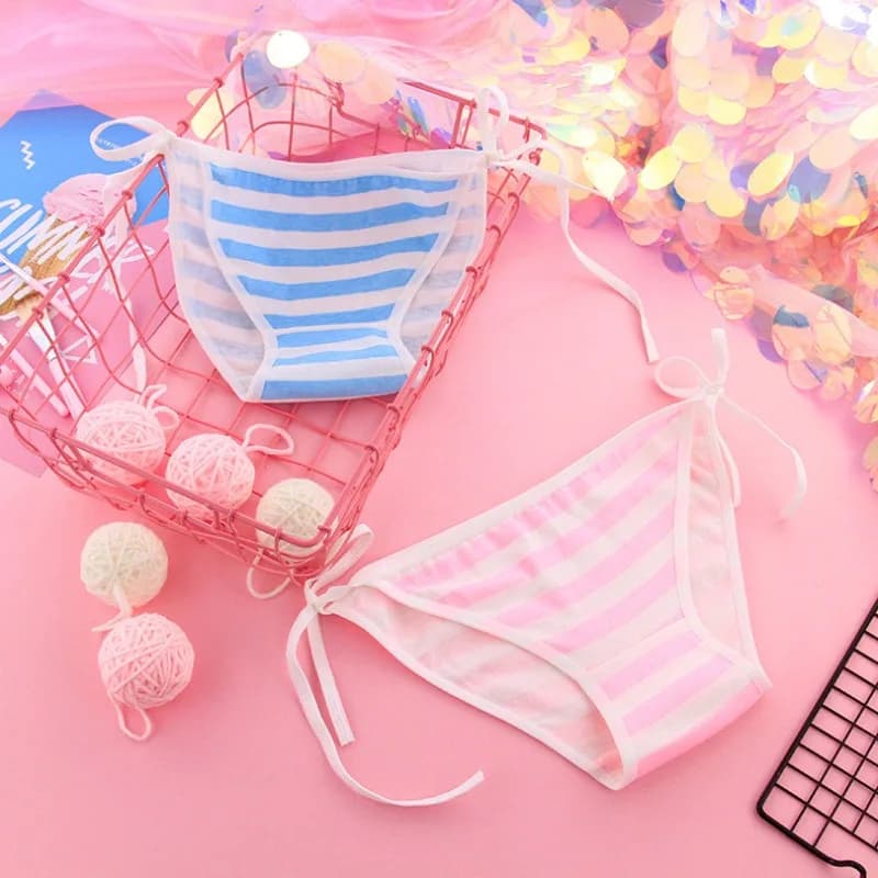 Rozkošné kawaii modré růžové a bílé pruhované kalhotky Premium bavlněné kalhotky pro ženy Cos Lolita Maid Bandage spodní prádlo