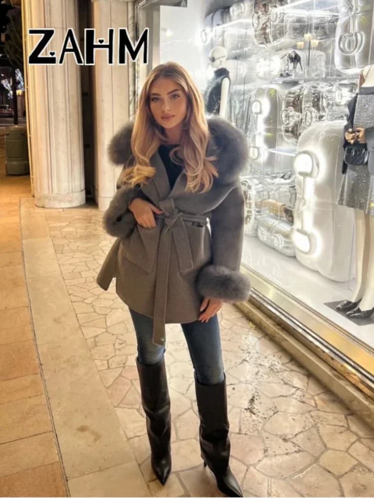 Šedá vlněná bunda z umělé kožešiny s patchworkem pro ženy, volná mikina s kapsou na opasek, dámský kabát, podzim/zima 2025, módní dámská streetwear, nová