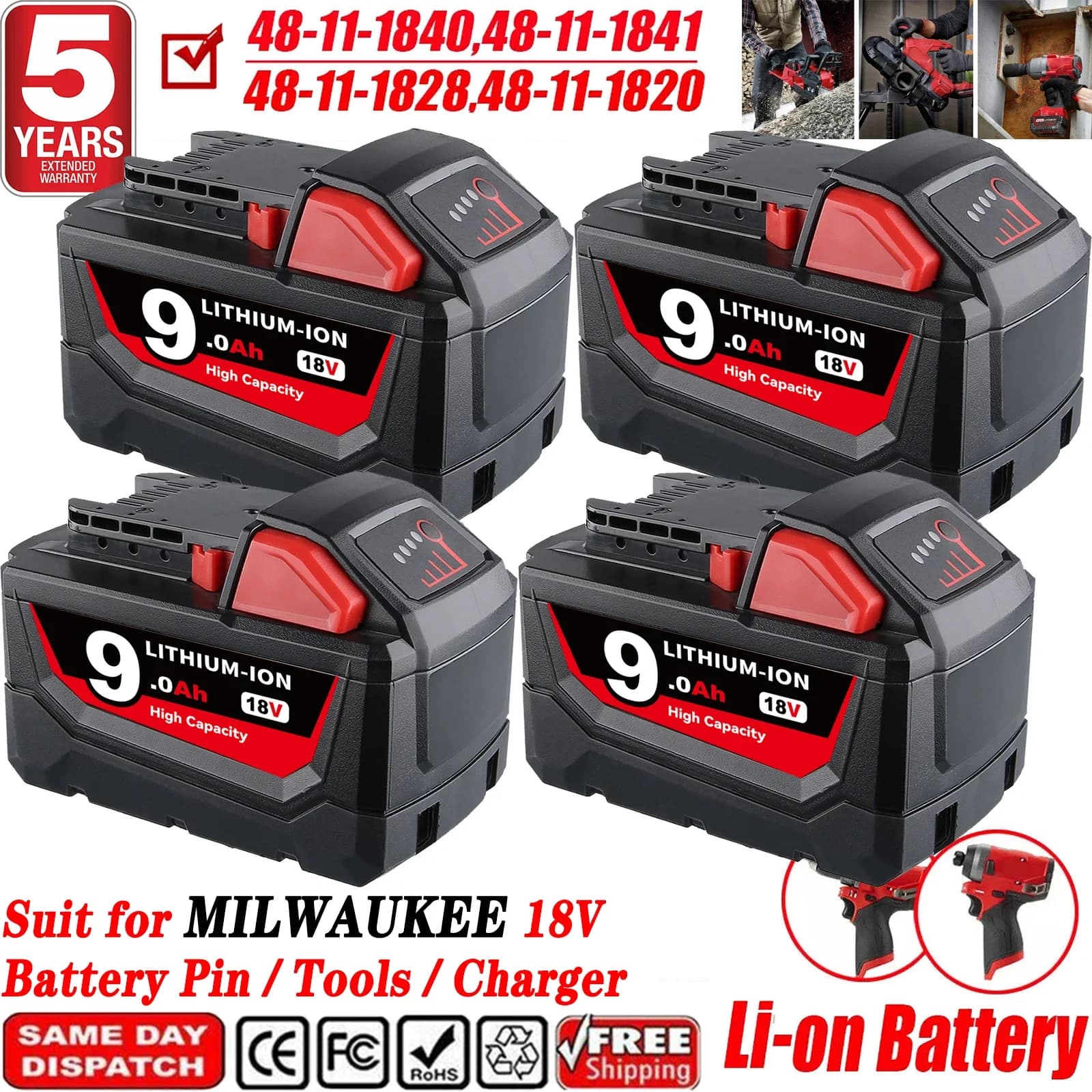 1/2/4 ks 9,0 Ah M18 Li-on náhrada za Milwaukee 18V Li-on baterii, kolík vhodný pro 18V 48-11-1862 48-11-1852 48-11-1882 akumulátorové nářadí