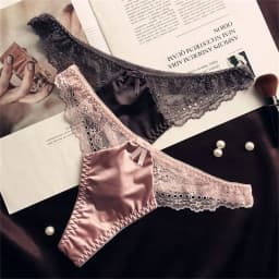 Hollow Lace Sexy Glossy Satin Silk Smooth Thong Women Sexy Low Waist G-string Underwear Bow Seamless
