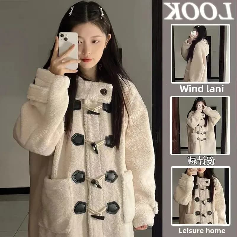 Retro jehněčí kožešinová bunda s knoflíky pro ženy, zimní volný zahuštěný kabát střední délky, teplý, módní, všestranný, oblíbený svrchní oděv