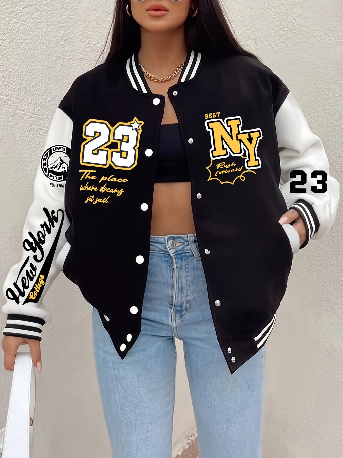 New York Art Letter 23 tištěná dámská bunda Harajuku Fleecový baseballový dres Button Osobnost Streetwear Vintage Volné oblečení