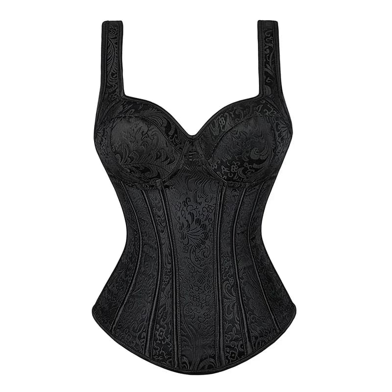 Dámský korzet s ramínky, černý, přes prsa, korzety, vesta, plus size, steampunk korzety a bustiéry, šněrovací, s kosticemi, žakárový korzetový top