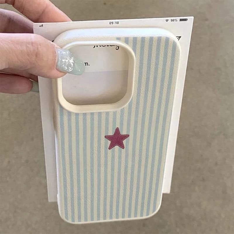 Modrý pruhovaný kryt na telefon s hvězdami a liči pro iPhone 11 12 13 14 15 16 17 Pro Max XS X XR 16 Plus 16E nárazuvzdorný nárazník