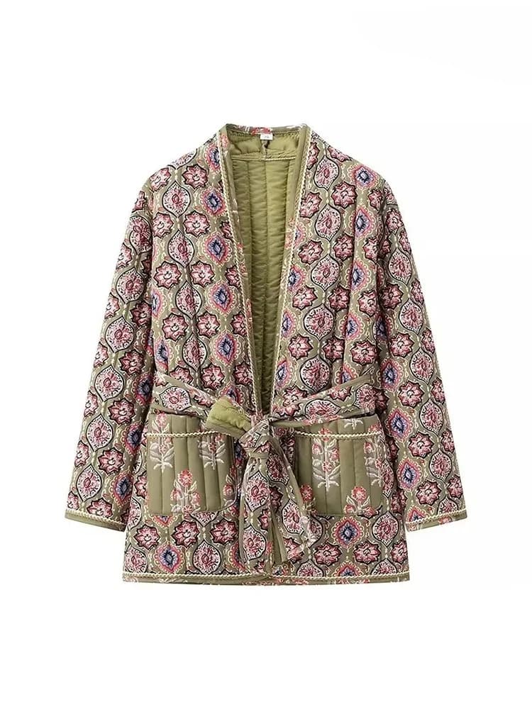 Dámská módní zimní armaturní tištěná klopová šněrovací bunda s etnickým květinovým potiskem, dámská ležérní bunda v pouličním stylu