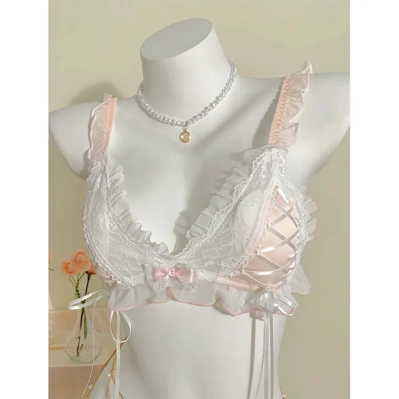 Japonská průhledná podprsenka a kalhotky sada Lolita krajkové spodní prádlo dámské spodní prádlo sada králičí uši hrudník vycpávka tenká braletka