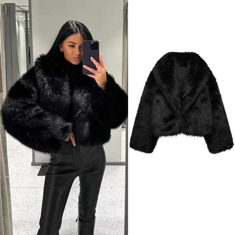 MUJER Černý kabát z umělé kožešiny pro ženy, podzimní a zimní plyšové kabáty a bundy, streetwear, svrchní oblečení, dlouhý rukáv, teplý dámský kabát