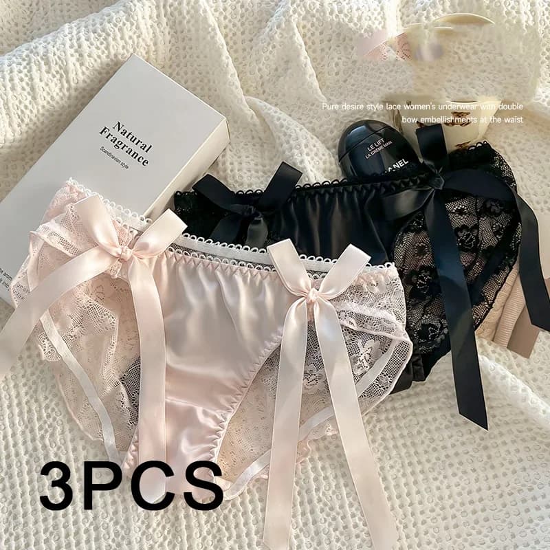 3ks/sada dámských sexy síťovaných kalhotek, bezešvé krajkové spodní prádlo s středním pasem, japonský styl, mladá dívka, spodní prádlo s růžovou mašlí