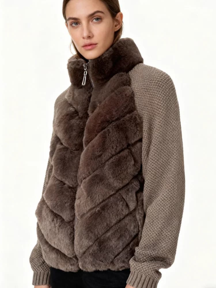 Zimní teplý svetr s kožešinovou pletenou rukávovou vestou, prošívaná bunda se zipem vpředu, stojáček na límci 2026, ležérní dámský svetr, módní útulný dámský kabát