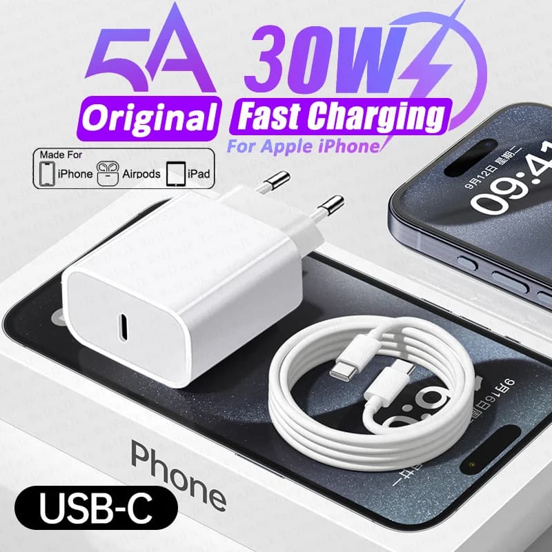 Originální rychlonabíječka Apple 30W typu C pro iPhone 16 15 11 12 13 14 Pro Max Mini X XS XR 8 Plus s rychlonabíjecím kabelem