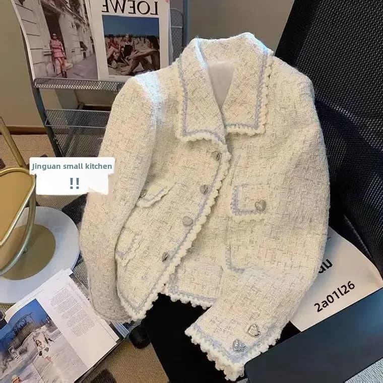 Dámská bunda s klopami ve tvídovém stylu, srdíčky a knoflíky, barevné bloky, jaro 2024, nová francouzská móda, zkrácený top na venkovní nošení