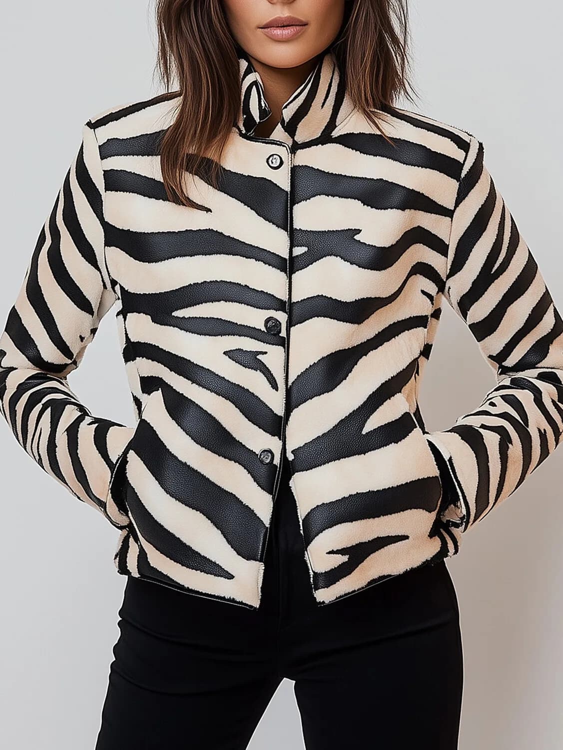 Dámská PU kožená bunda elegantní jaro podzim zebra pruhy stojáček límec knoflíky kapsy bundy kardigany retro kabát svrchní oblečení topy