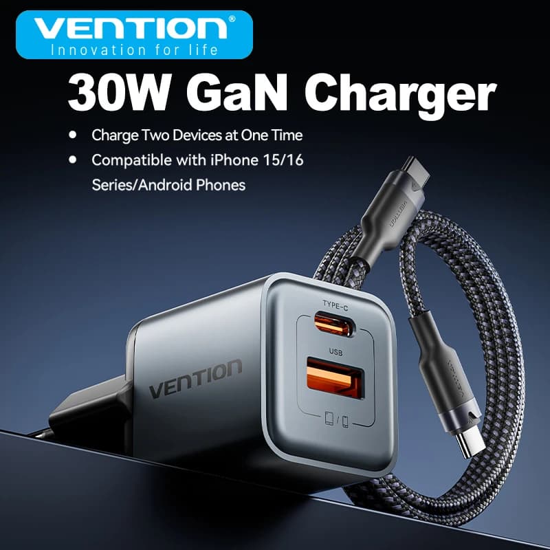 Vention Nová GaN 30W EU PD rychlonabíječka pro iPhone 16 15 14 13 PD USB AC PD3.0 QC3.0 nabíječka pro telefony Samsung MacBook Tablety