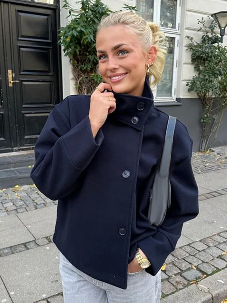 Elegantní vlněná bunda se stojáčkem pro ženy, jednořadé zapínání na knoflíky, kapsy, kabát, dámský kabát, podzim/zima 2025, pouliční elegantní svrchní oblečení