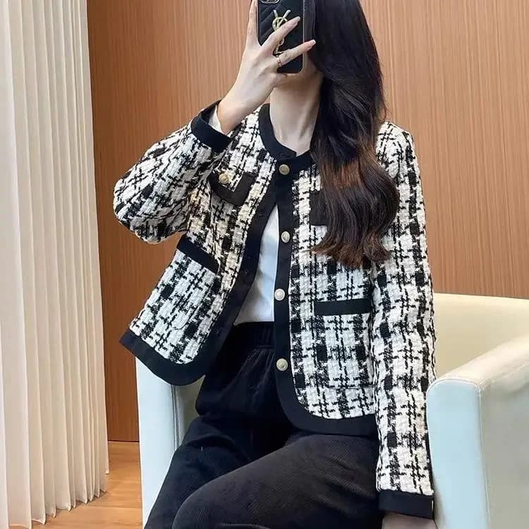 Podzimní zimní kostkovaná krátká dámská bunda, korejská ležérní elegance, styl bohyně, malá vůně, větruodolné svrchní oblečení bez rukávů, volný střih