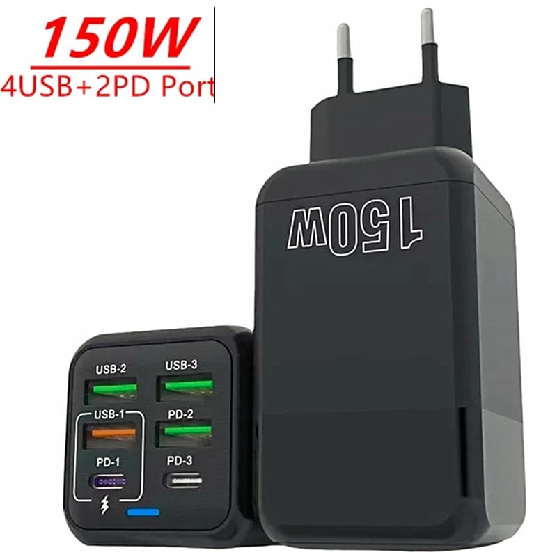 150W 6portová USB-C nabíječka s rychlým nabíjením typu C PD QC4.0 USB-C adaptér pro nabíječku telefonu pro iPhone, Samsung, Huawei, Xiaomi, iPad