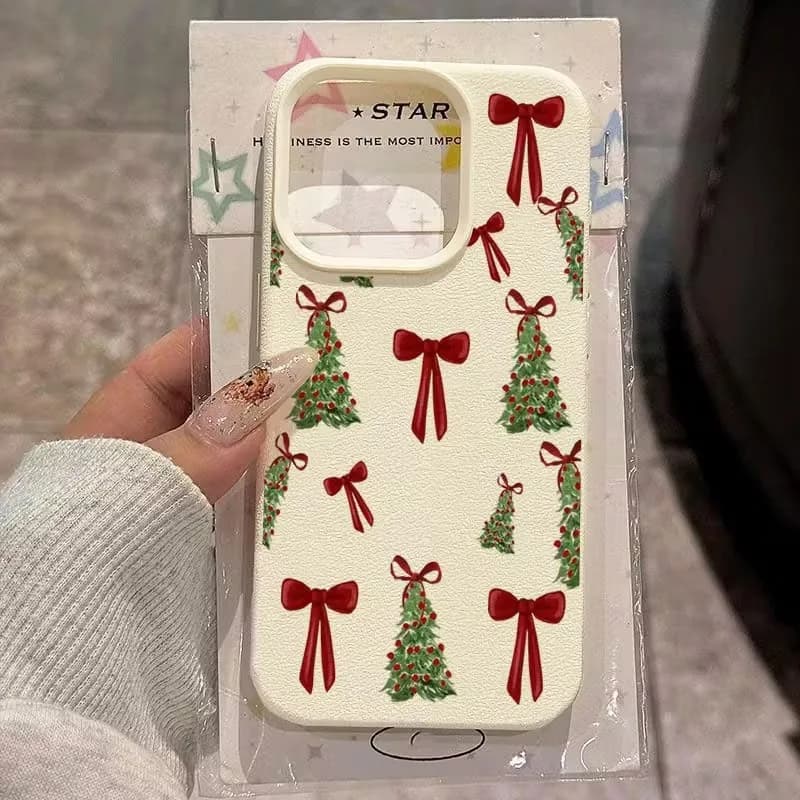 Pouzdro na telefon s vánočním stromečkem a červenou mašlí pro iPhone 17 16 15 14 Pro Max 13 12 11 XS X XR 7 8 Plus 16e 17 air soft TPU kryt