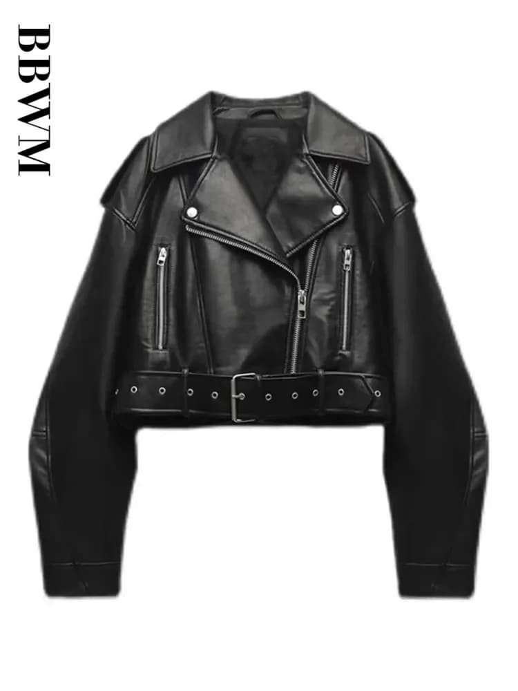BBWM Dámská nadměrná vintage volná krátká bunda z umělé kůže s páskem Streetwear Dámský zip Retro Moto Biker Kabát Outwear