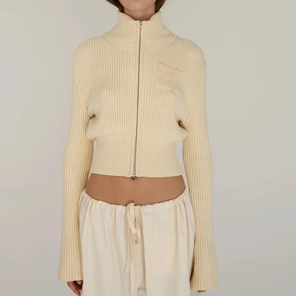 JULISSA MO Pletený kardigan se stojáčkem na zip Dámský svetr Černý dlouhý rukáv Jednobarevný krátký svetr Zimní nový ležérní streetwear