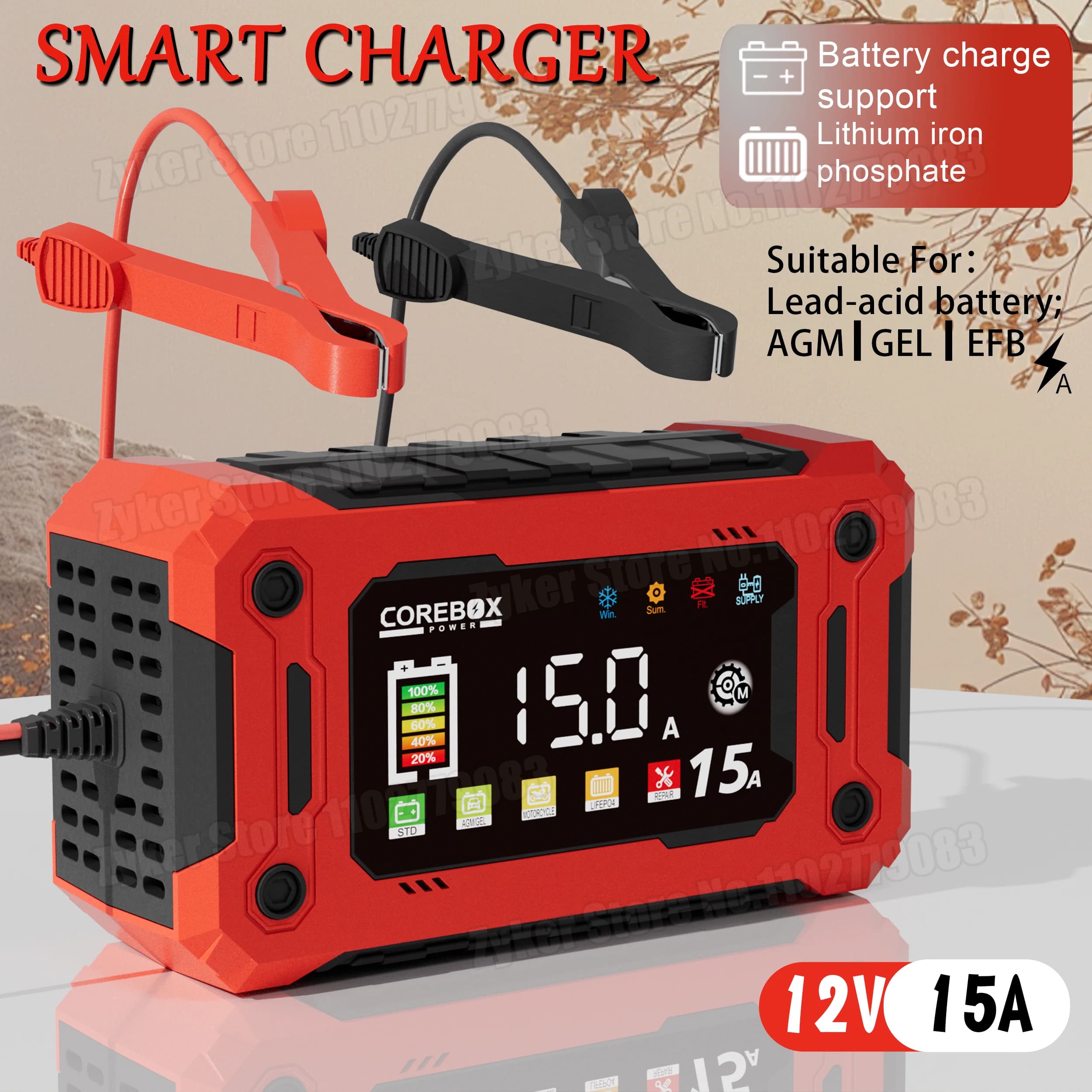 12V 15A 8A Inteligentní nabíječka baterií pro auto, moto, LiFePO4, olověné, kyselinové, AGM, gelové, LED digitální dotykové displeje, lithium-iron nabíječky baterií