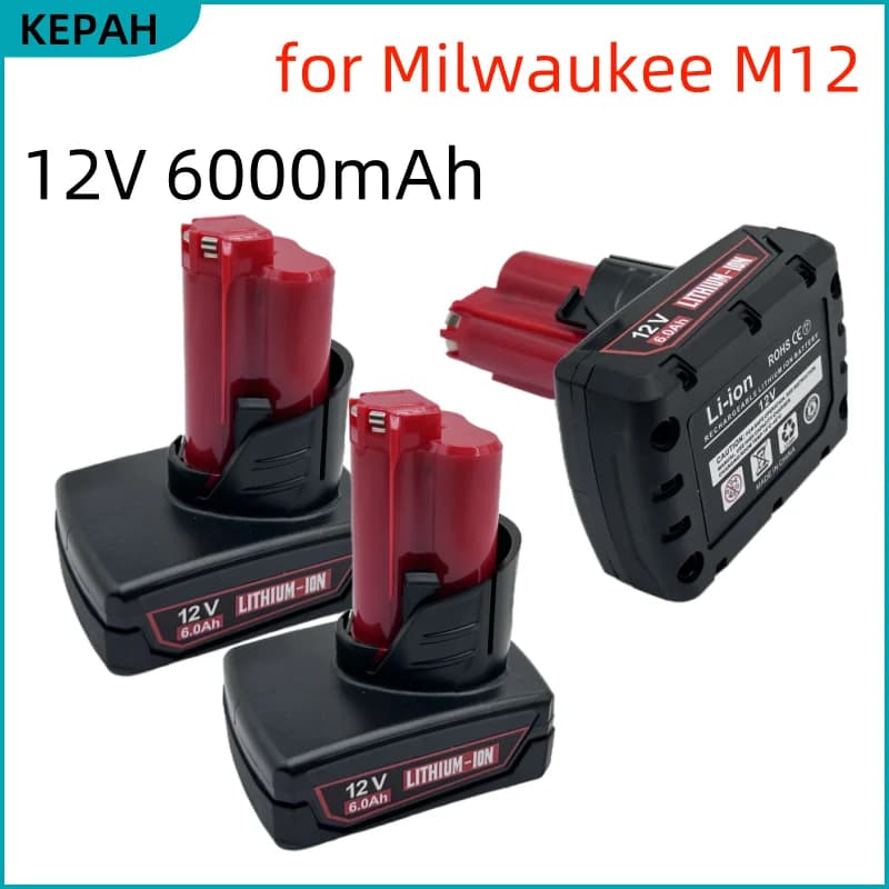 Dobíjecí baterie 12V 6000mAh M12👑 s lampou pro aku nářadí Milwaukee M12 XC 48-11-2402 48-11-2411 48-11-2401 MIL-12A-