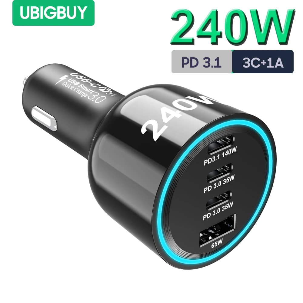 Ubigbuy 240W autonabíječka PD 3.1 140W 100W PPS 45W super rychlé nabíjení USB-C autoadaptér pro MacBook Pro iPhone 15 Samsung