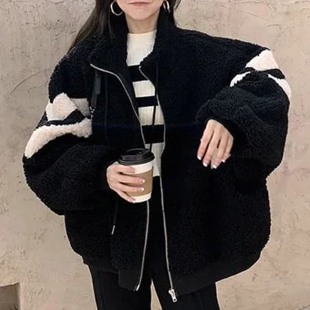 Ležérní volná patchworková zipová bunda s jehněčí kožešinou a zahuštěným teplým stojáčkem pro muže a ženy, pohodlné svrchní oblečení