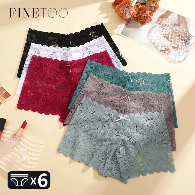 FINETOO 6 ks Dámské květinové krajkové boyshorts Sexy Perspective spodní prádlo s nízkým pasem Kalhotky Dámské prodyšné spodní prádlo Jednobarevné kalhotky