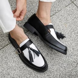 Pánské platformové polobotky s třásněmi černobílé slip-on svatební formální obuv - náhled 2