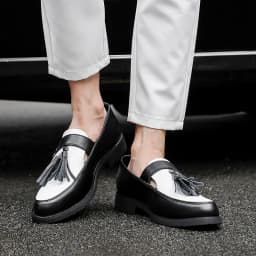 Pánské platformové polobotky s třásněmi černobílé slip-on svatební formální obuv - náhled 6