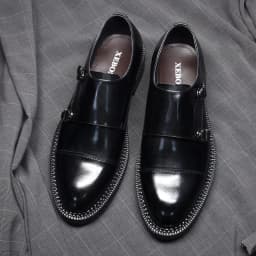 Pravá kůže pánské svatební společenské boty s přezkou monk strap černé a hnědé - náhled 3