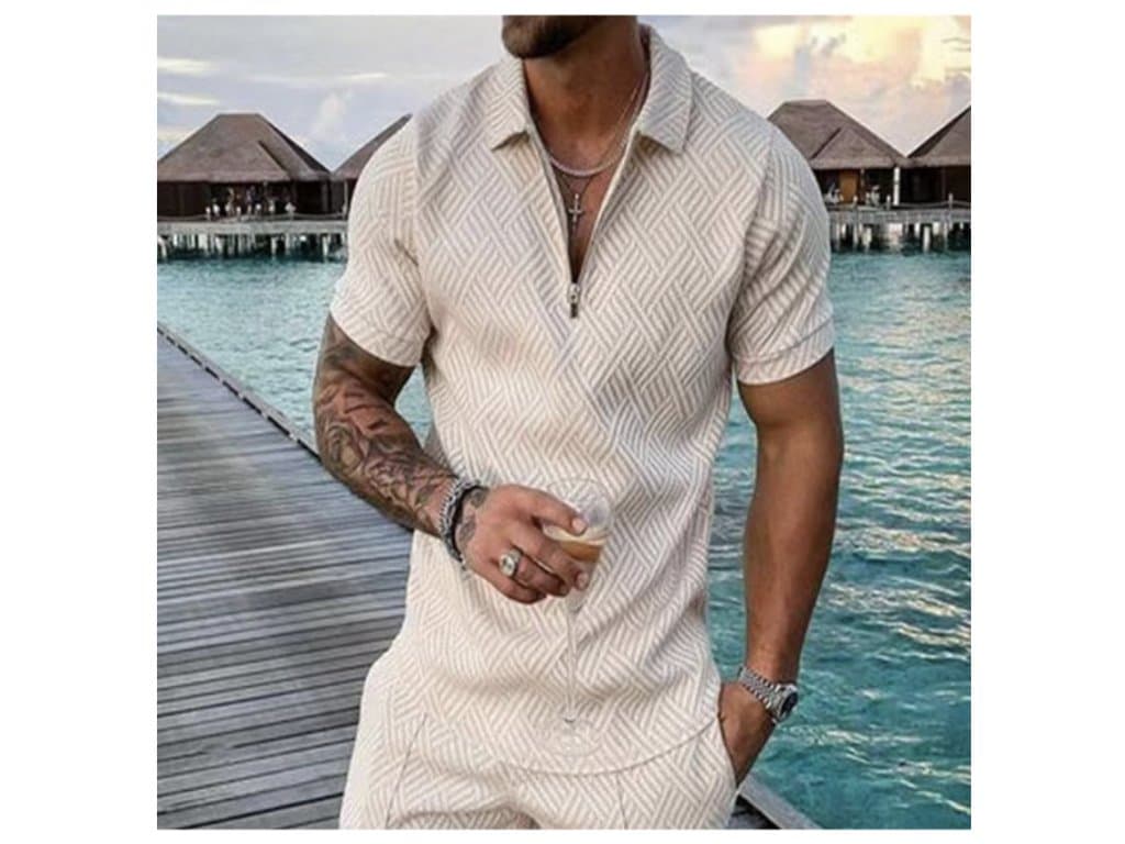 Pánské léto Havajské tričko s límcem béžové