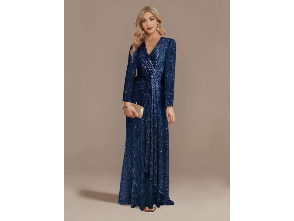 Luxusní večerní šaty s dlouhým rukávem modré