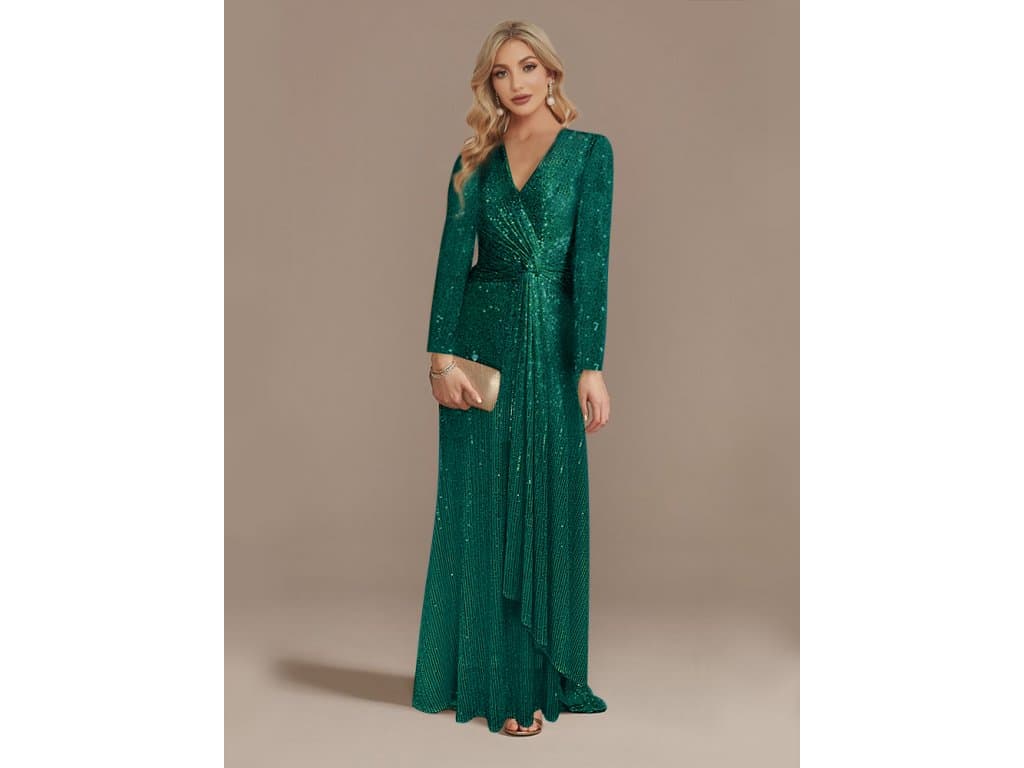 Luxusní večerní šaty s dlouhým rukávem zelené