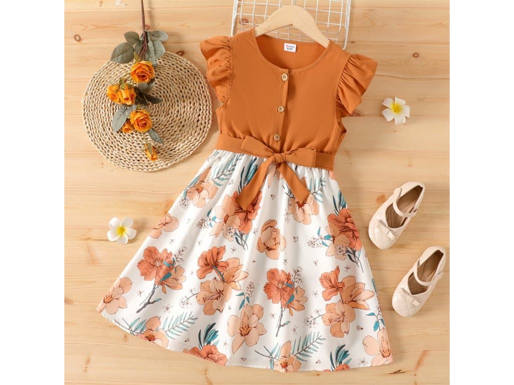Dívčí dětské šaty květinový potisk oranžové