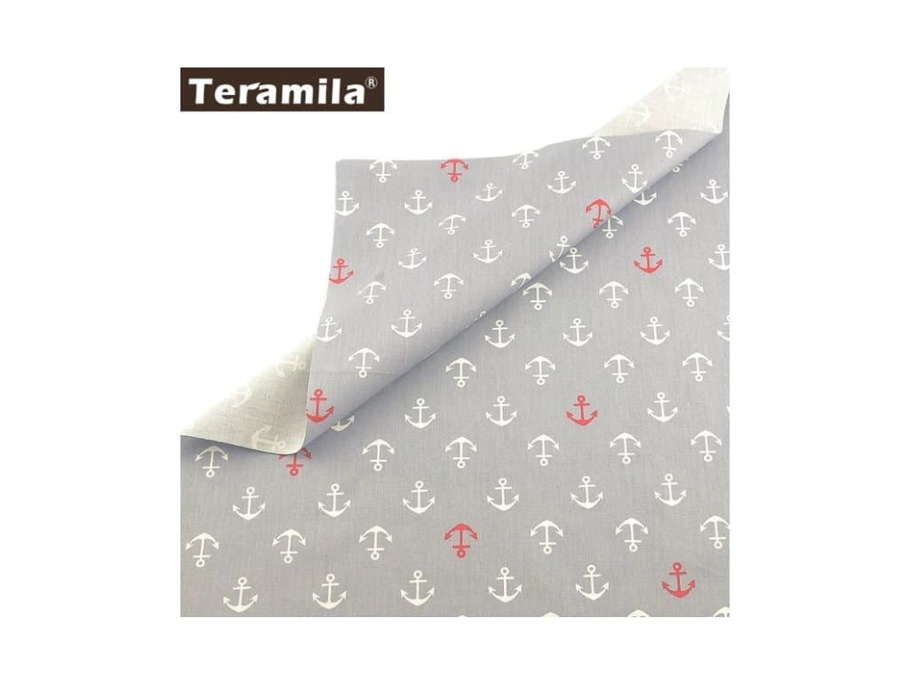 Mořská Bavlněná tkanina látka šedá kotva