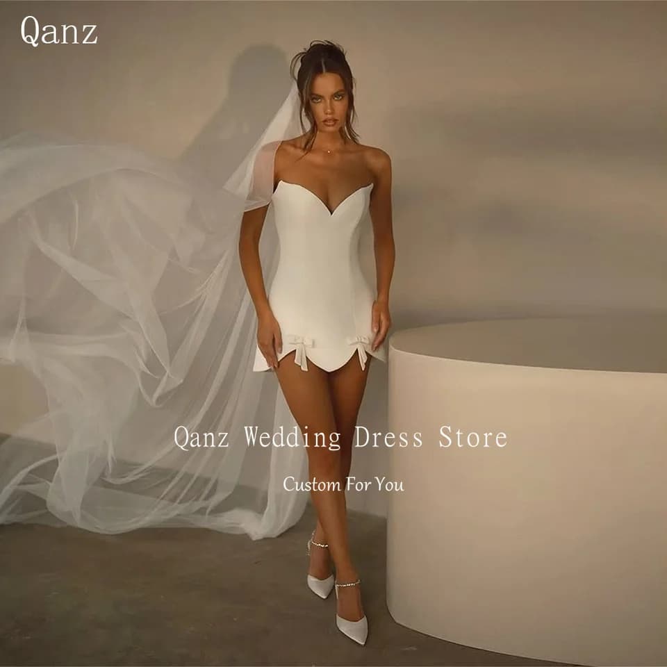 Mini svatební šaty Qanz Sweetheart nad kolena, vintage saténový korzet, vestidos de novia s mašlí, na míru