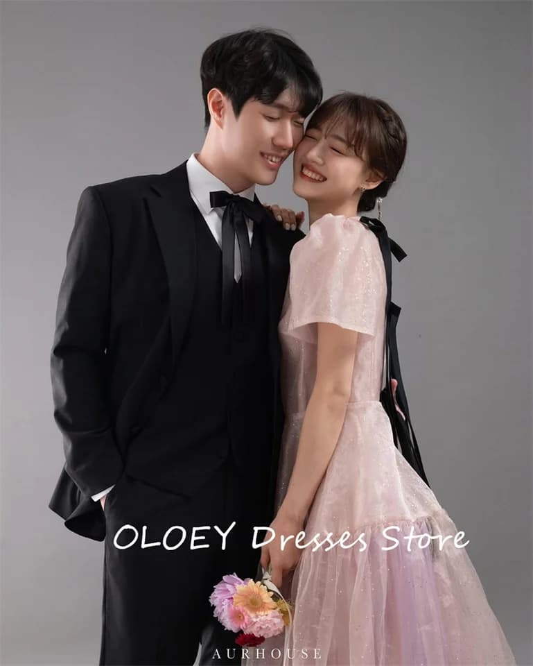 OLOEY Víla růžová lesklé večerní šaty Korea narozeninové formální šaty s krátkým rukávem svatební šaty na míru