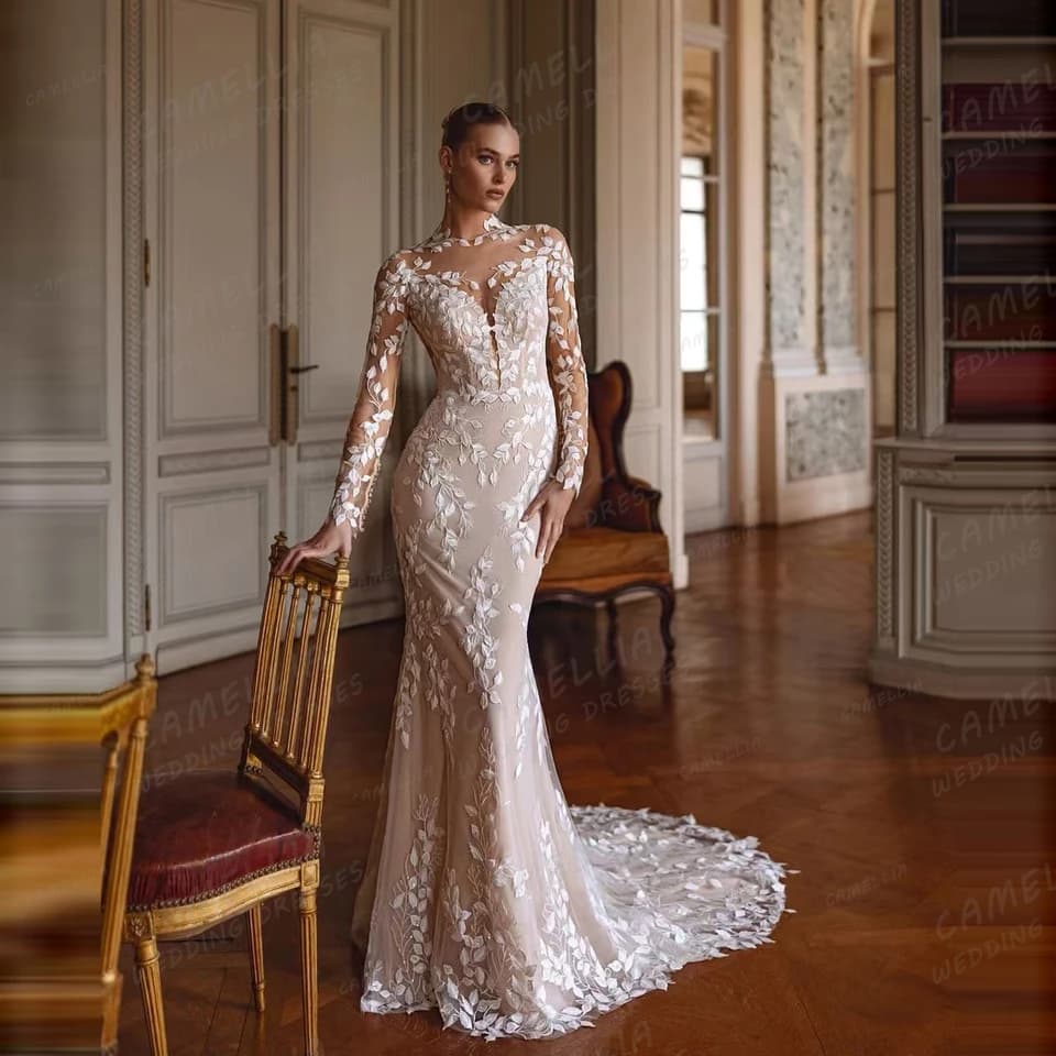 Vynikající svatební šaty pro ženy, krajkové aplikace, mořská panna, s dlouhým rukávem, svatební šaty na míru 2025, Vestidos De Novia